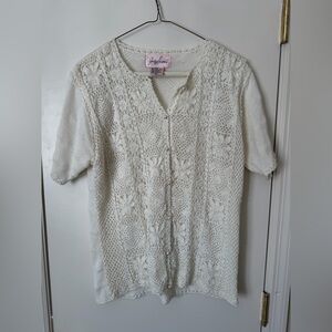 VTG 80’s Jaclyn Smith Cream crochet Lace Short Sleeve Pearl ButtonCardigan SZ L